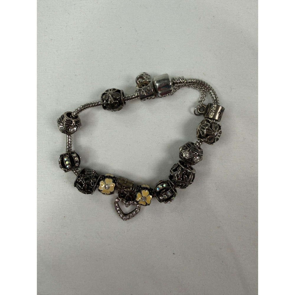 Silver Tone Snake Chain Charm Bracelet Heart Dangle Floral Crystal Beads Clasp